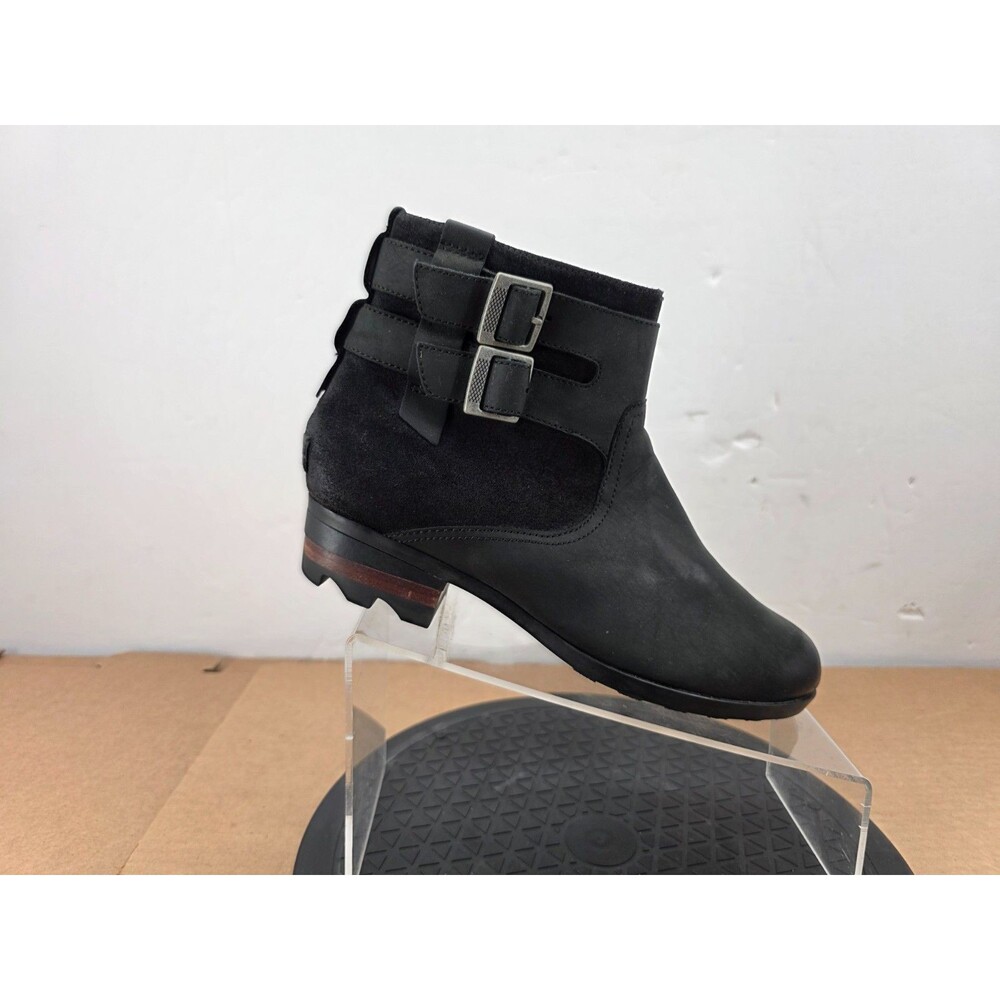 Sorel Lolla Waterproof Ankle Boot Womens 9 Black Leather Side Zip Buckle Moto
